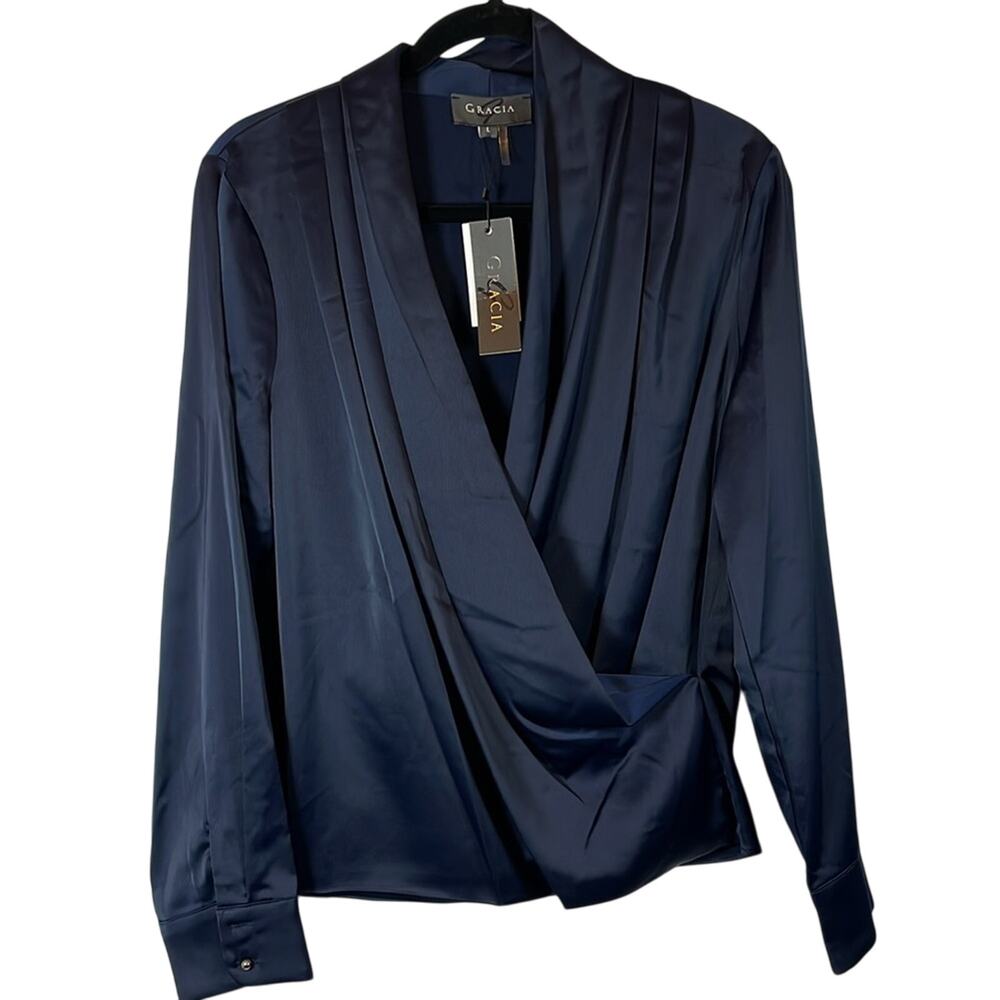 GRACIA Elegant Long Sleeve Blouse in Navy Size L - Picture 2 of 5